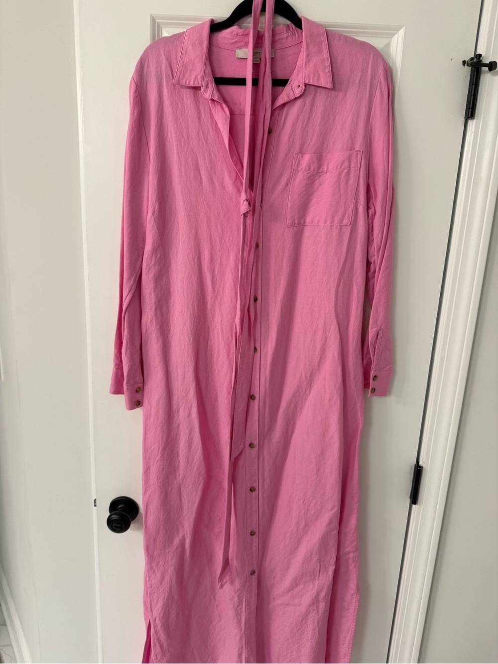 LOFT Pink Button-Front Maxi Shirt Dress with Neck Tie